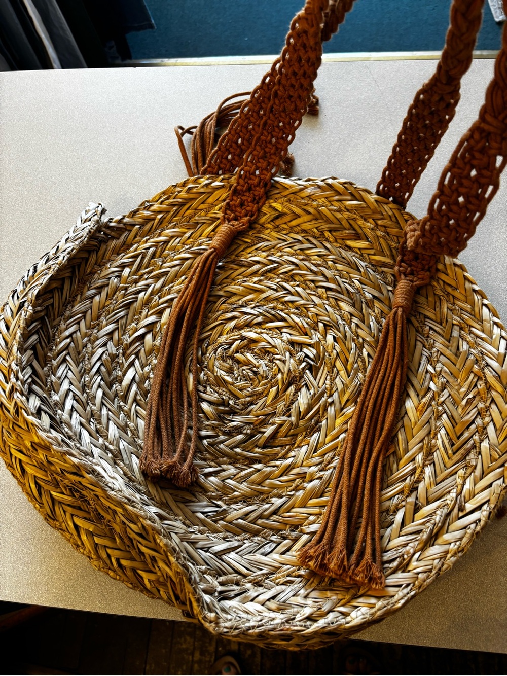 Universal Thread Woven Round Straw Shoulder Bag with Brown Tassel Straps - Picture 7 of 7